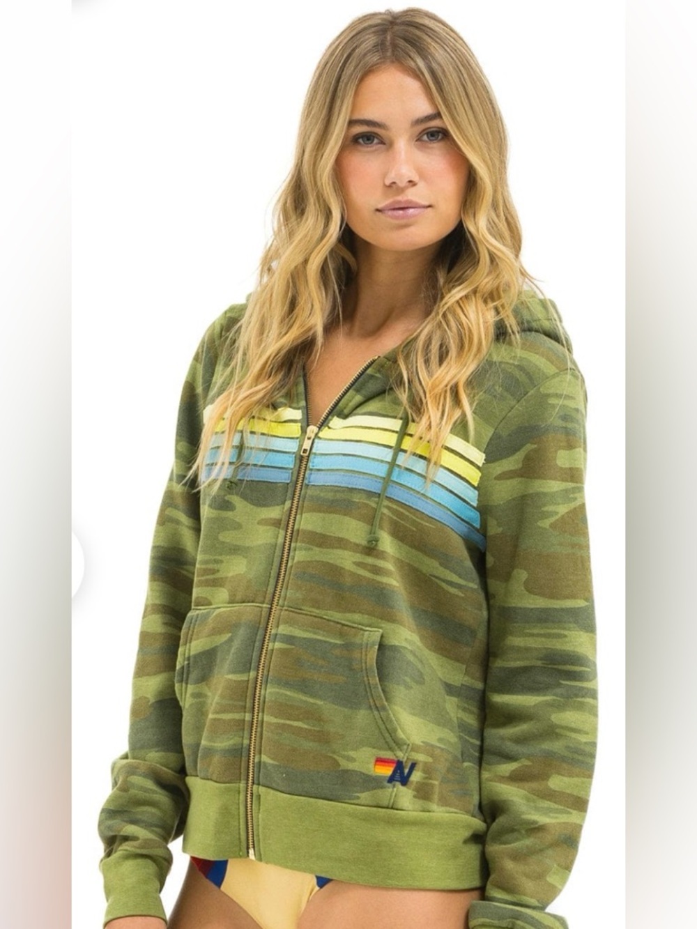 Aviator Nation Green Camo Zip Hoodie with Yellow and Blue Stripes - Picture 2 of 6